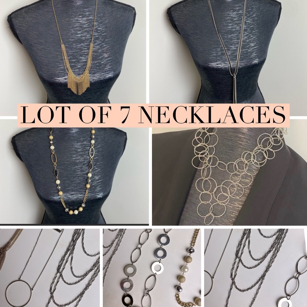 LOT OF 7 NECKLACES Silver & Gold Tone Layered & Chain Link